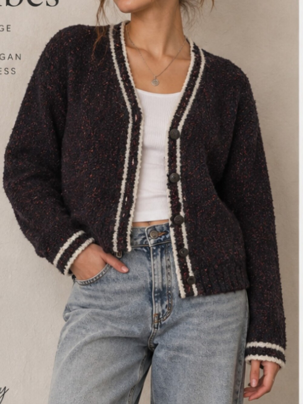 NEW Vintage Wool Black Stripe Red Eclectic Chunky Cardigan Cream Small